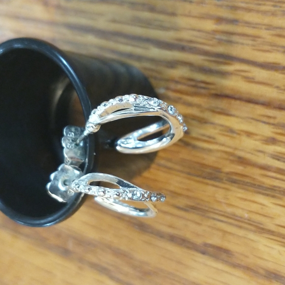 Two pair silver & clear gem earring semi circle & curved bar backs marked SHB - Picture 2 of 4